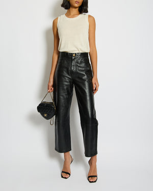 Celine Black Lulu Lambskin Leather Trousers with Gold Logo Button Detail Size 26 (UK 8) RRP £2,700