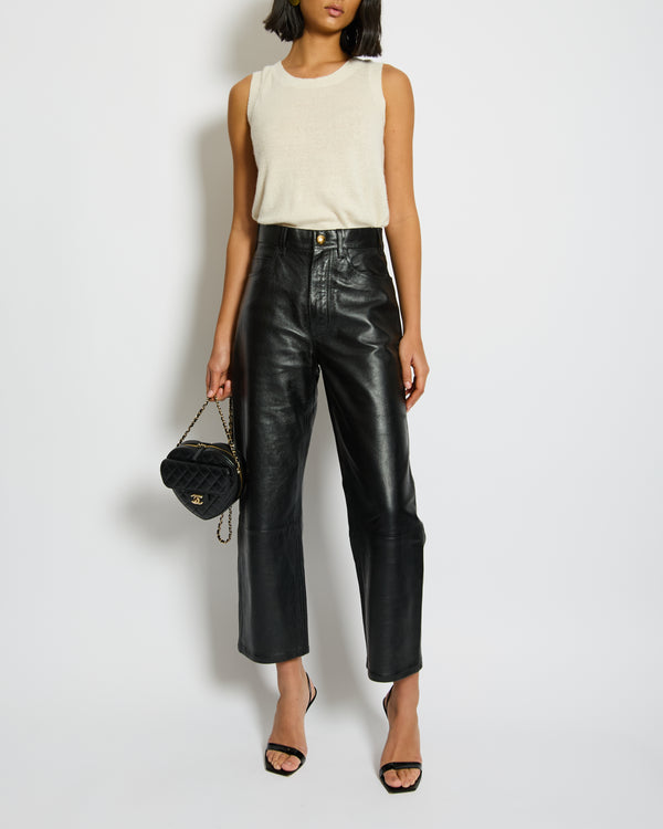 Celine Black Lulu Lambskin Leather Trousers with Gold Logo Button Detail Size 26 (UK 8) RRP £2,700