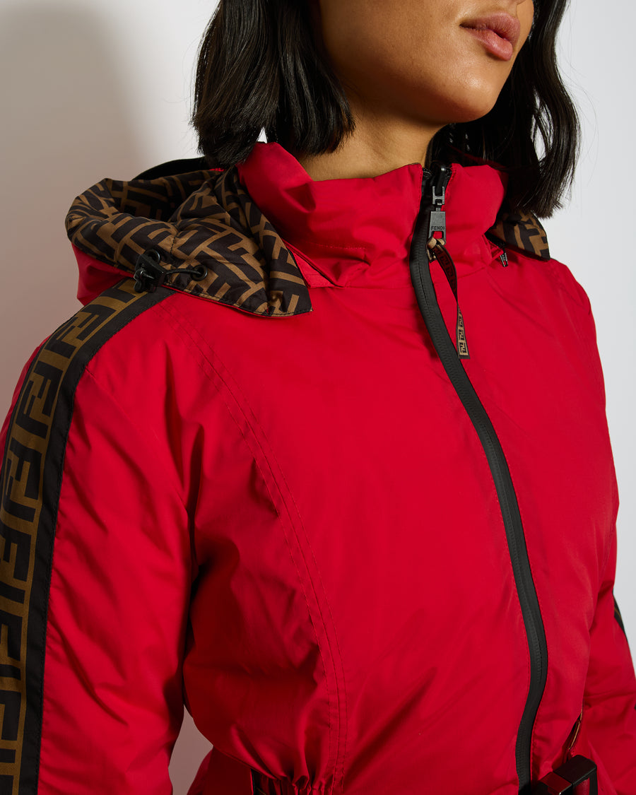 Fendi Red and Brown Reversible Jacket and Trousers Ski Set with Monogram Details Size IT 38 (UK 6)