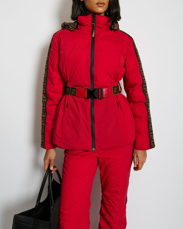 Fendi Red and Brown Reversible Jacket and Trousers Ski Set with Monogram Details Size IT 38 (UK 6)