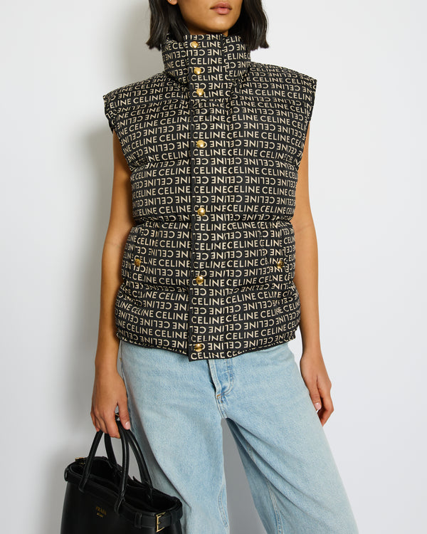 Celine Black and Beige Sleeveless Puffer Jacket with Logo Prints Size XS (UK 6)