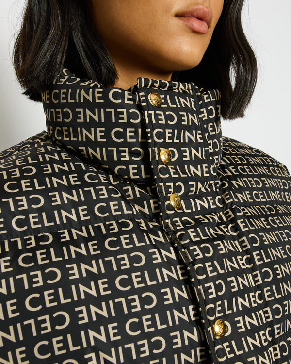 Celine Black and Beige Sleeveless Puffer Jacket with Logo Prints Size XS (UK 6)