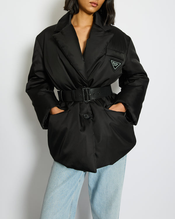 Prada Black Re-Nylon Down Coat with Logo and Belt Detail Size IT 36 (UK 4) RRP £2,400