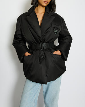 Prada Black Re-Nylon Down Coat with Logo and Belt Detail Size IT 36 (UK 4) RRP £2,400