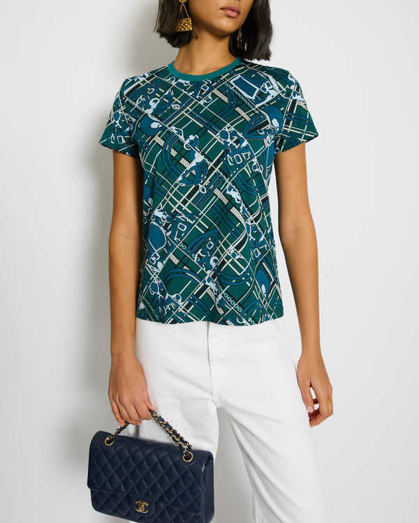 Hermès Green and Blue "Tartan et Chaines Milano" T-Shirt Size FR 36 (UK 8) RRP £680