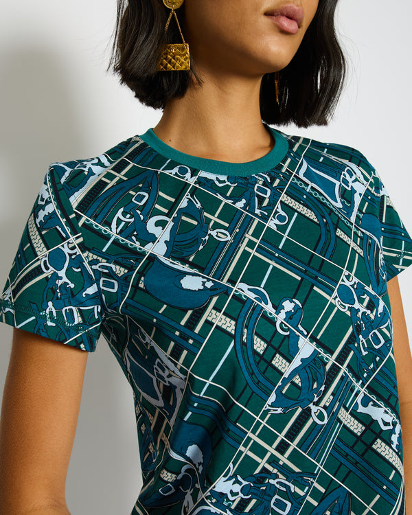 Hermès Green and Blue "Tartan et Chaines Milano" T-Shirt Size FR 36 (UK 8) RRP £680