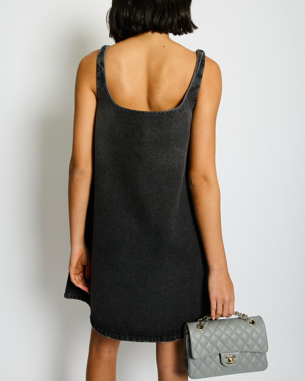 Prada Black Denim Mini Dress with Logo Detail and Distressed Hem Size IT 38 (UK 6)