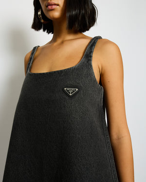 Prada Black Denim Mini Dress with Logo Detail and Distressed Hem Size IT 38 (UK 6)