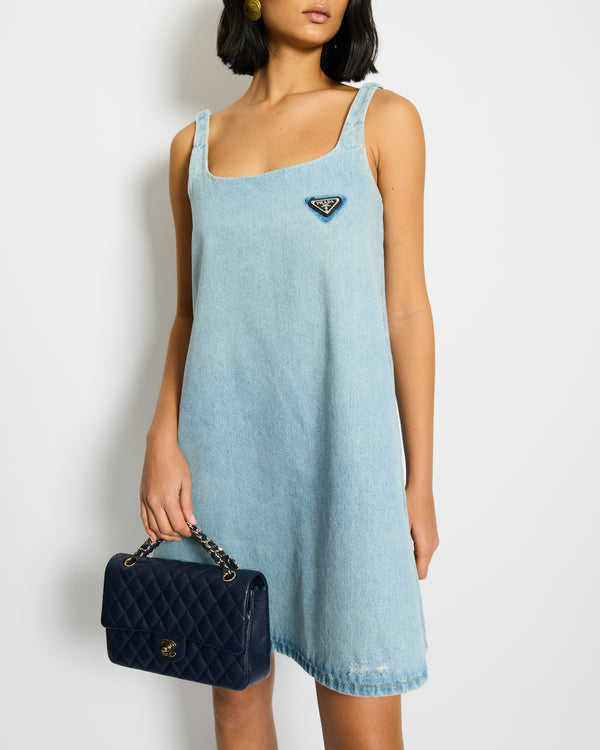 Prada Black Light Blue Mini Dress with Logo Detail and Distressed Hem Size IT 38 (UK 6)