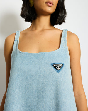 Prada Black Light Blue Mini Dress with Logo Detail and Distressed Hem Size IT 38 (UK 6)
