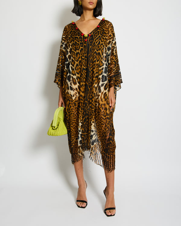 Yves Saint Laurent Brown Leopard Print Beach Cover Up with Stone Tassel Detail Size M (UK 10)