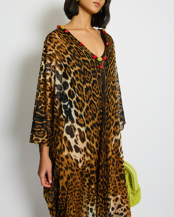 Yves Saint Laurent Brown Leopard Print Beach Cover Up with Stone Tassel Detail Size M (UK 10)