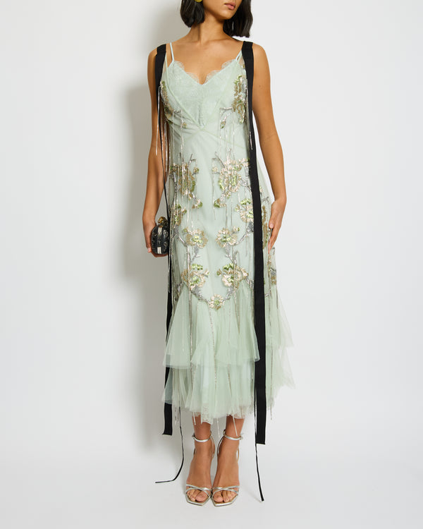 Erdem Green Embellished Tulle Mesh Midi Dress with Tassel Detail Size UK 8