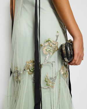 Erdem Green Embellished Tulle Mesh Midi Dress with Tassel Detail Size UK 8