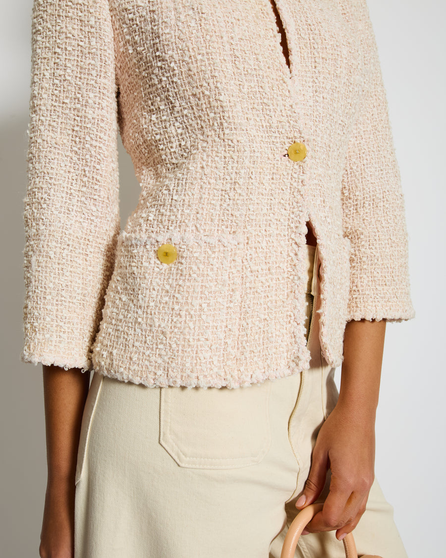 Chanel 99/P Pink Tweed Collarless Jacket with CC Button Detail Size FR 40 (UK 12)