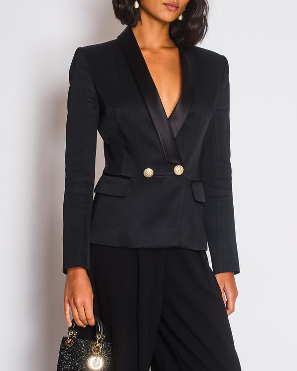 Balmain Black Blazer Jacket with Gold Buttons and Silk Trim Detail Size FR 38 (UK 10)
