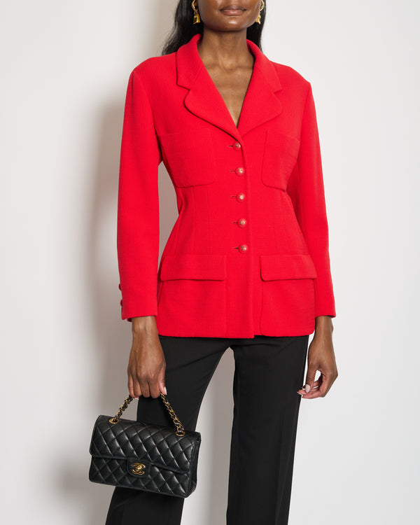 Chanel SS93 Vintage Scarlet Red Tweed Jacket with Gold CC Button Detail FR 38/40 (UK 10/12)