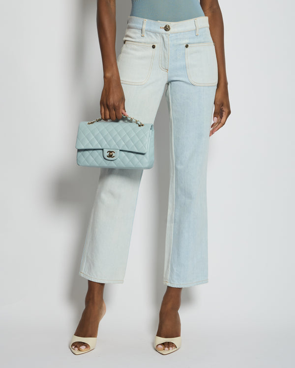 Chanel Greece Collection Light Blue Washed Straight Leg Jeans with Horse Detailed Antique Silver CC Buttons Size FR 36 (UK 8)