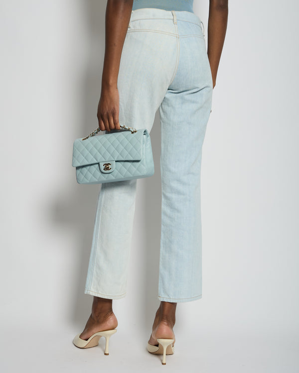 Chanel Greece Collection Light Blue Washed Straight Leg Jeans with Horse Detailed Antique Silver CC Buttons Size FR 36 (UK 8)
