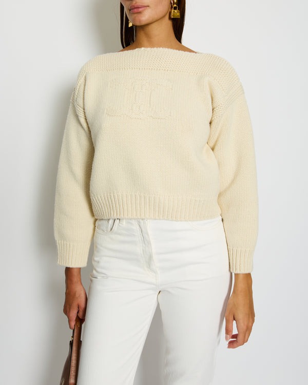 Celine Beige Cable Knitted Triomphe Long Sleeve Jumper Size S (UK 8)