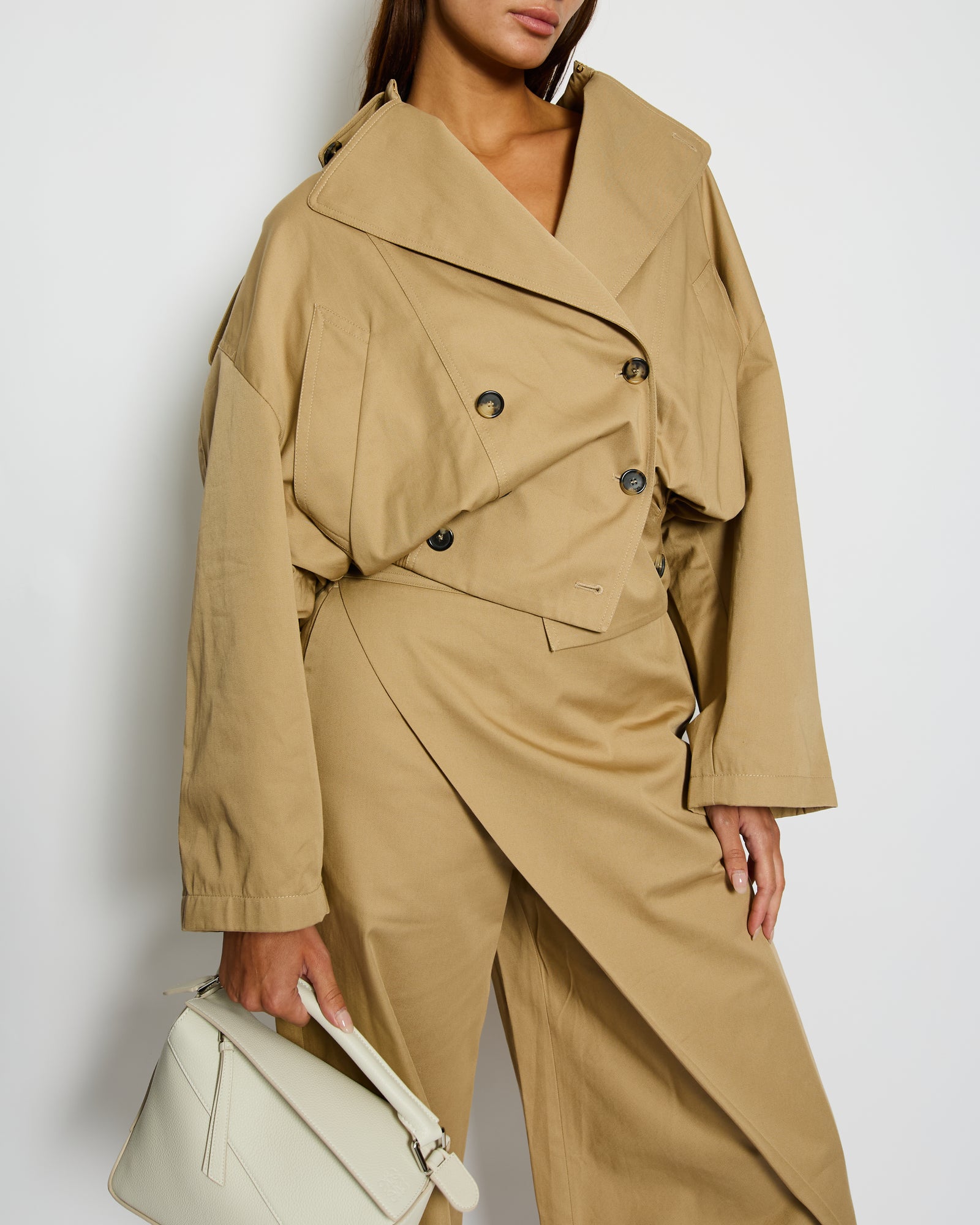 Loewe Beige Cropped Trench Jacket with Ribbed Hemline and Trouser
