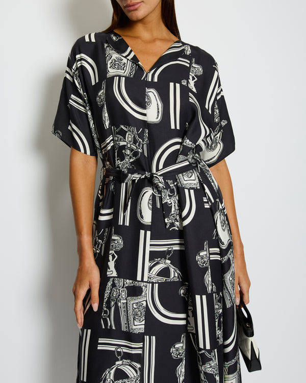 Hermès Black and White En Desorde Finesse Belted Silk Caftan Dress Size FR 40 (UK 12) RRP £2,770