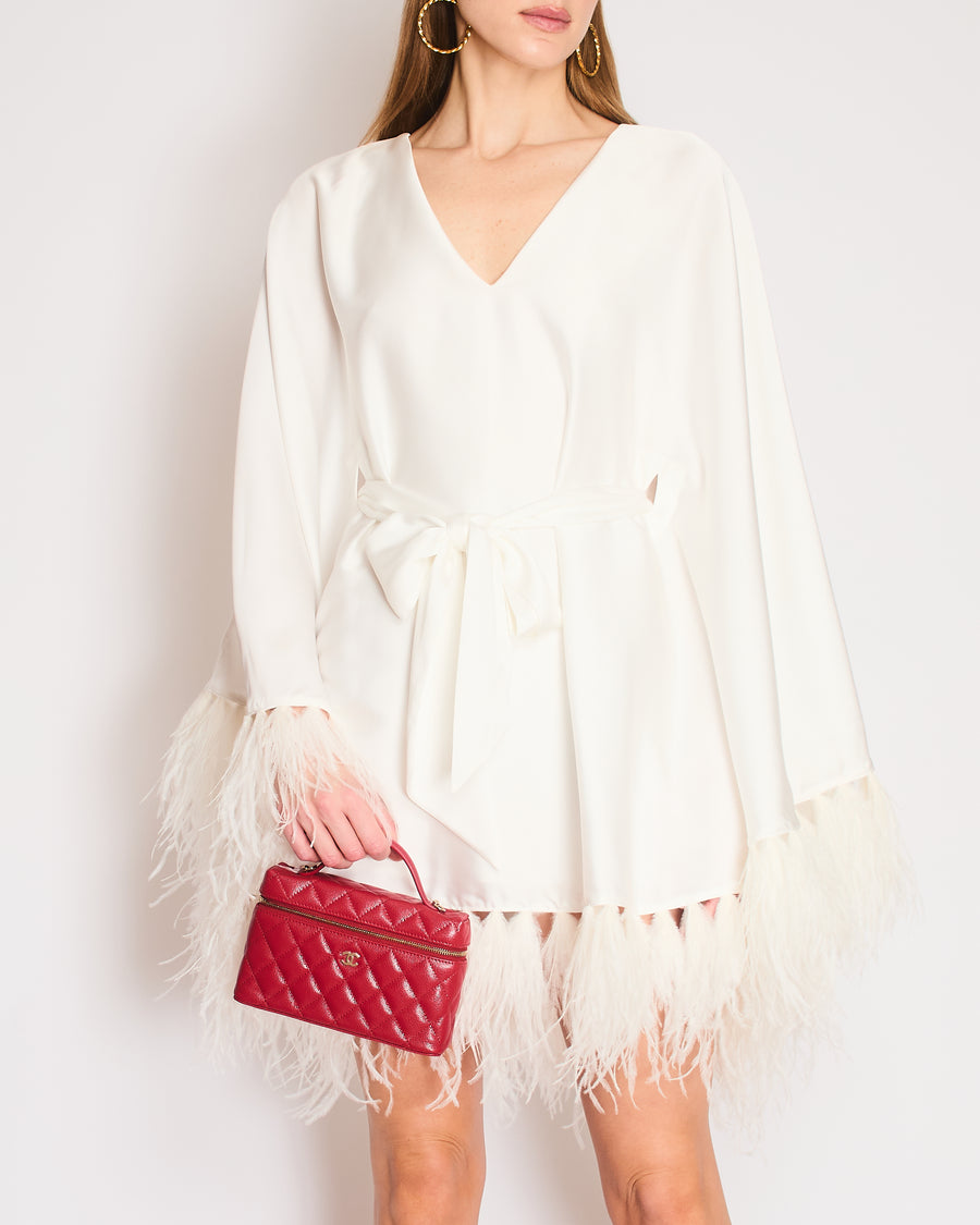Nadine Merabi Lorenna White Mini Dress with Feather Detail Size S (UK 8)