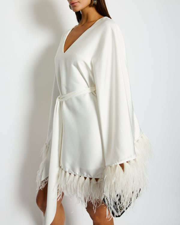 Nadine Merabi Lorenna White Mini Dress with Feather Detail Size S (UK 8)