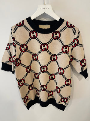 Gucci Beige, Red and Black GG Logo Short-sleeve Knit Top Size L (UK 12)