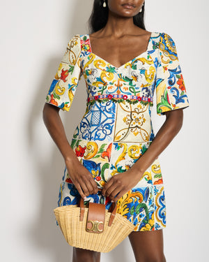 Dolce & Gabbana Yellow Majolica Mid Sleeve Embellished Midi Dress Size IT 40 (UK 8)