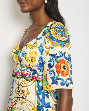 Dolce & Gabbana Yellow Majolica Mid Sleeve Embellished Midi Dress Size IT 40 (UK 8)