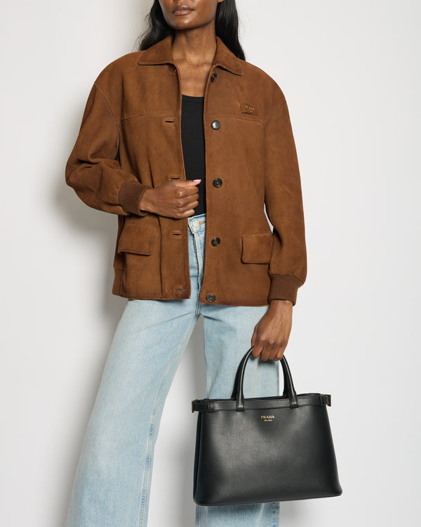 Prada Brown Suede Leather Long Sleeve Jacket with Logo Patch, Collar and Buttons Size IT 38 (UK 6) RRP £4,500