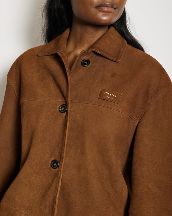 Prada Brown Suede Leather Long Sleeve Jacket with Logo Patch, Collar and Buttons Size IT 38 (UK 6) RRP £4,500