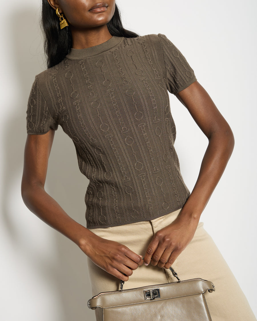 Hermès Brown Knitted Effet Kaleidoscope Short-Sleeve Sweater Size FR 36 (UK 8)