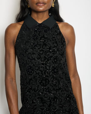Saint Laurent Black Velvet Sleeveless Embroidered Mini Dress with Collar Detail Size FR 36 (UK 8)