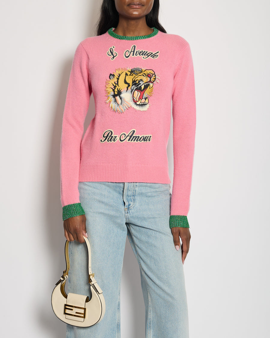 Gucci Pink L'Aveugle Par Amour Tiger Wool Knit Long Sleeve Jumper Size M (UK 10)