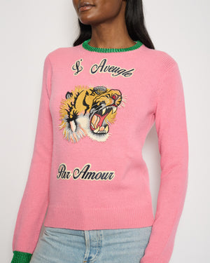 Gucci Pink L'Aveugle Par Amour Tiger Wool Knit Long Sleeve Jumper Size M (UK 10)