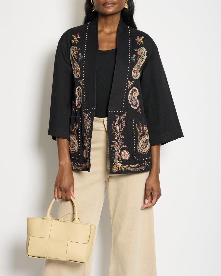 Christian Dior Black Cotton Long-Sleeve Jacket with Paisley Print Embroidery and Pocket Details Size FR 38 (UK 10)