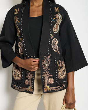 Christian Dior Black Cotton Long-Sleeve Jacket with Paisley Print Embroidery and Pocket Details Size FR 38 (UK 10)