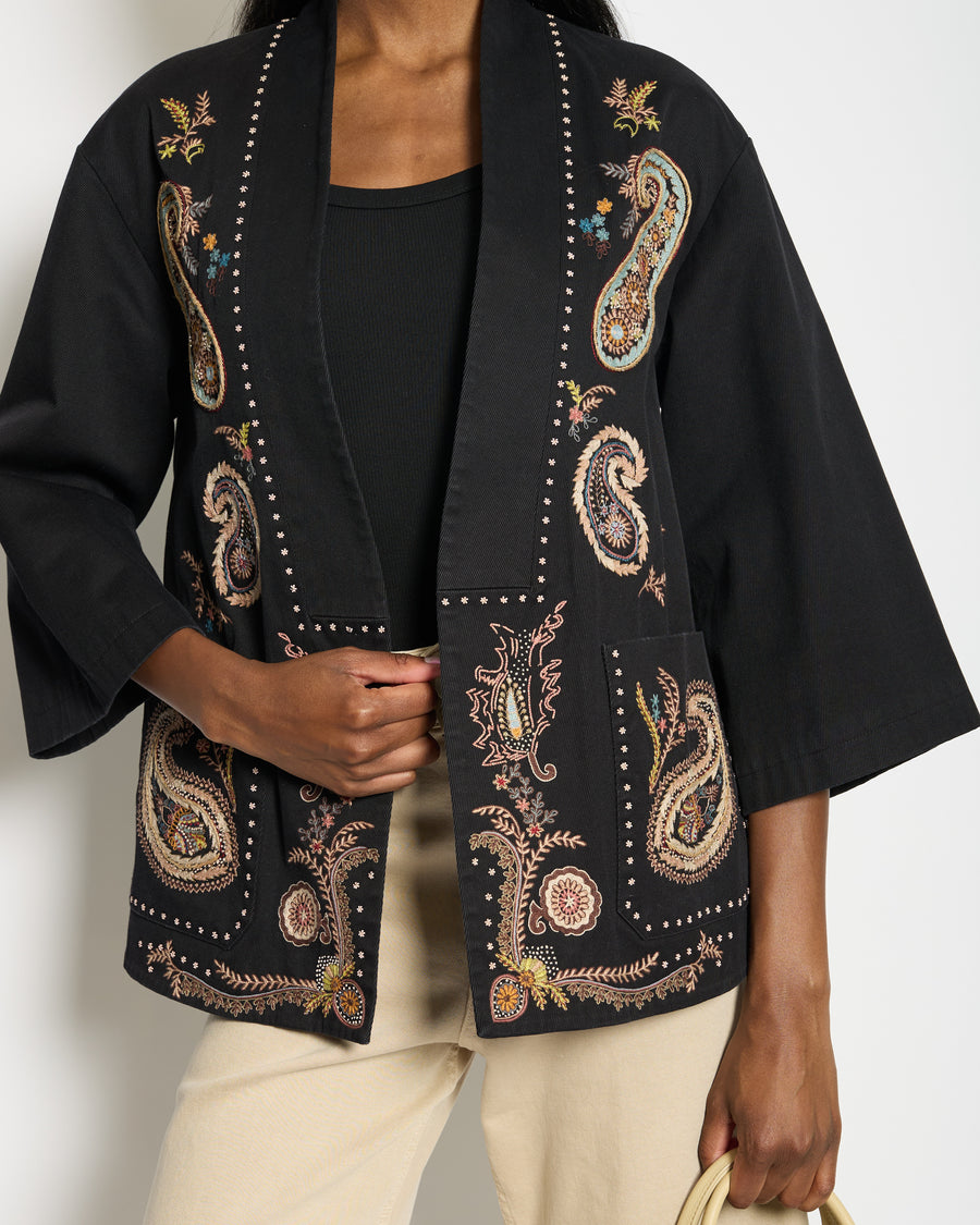 Christian Dior Black Cotton Long-Sleeve Jacket with Paisley Print Embroidery and Pocket Details Size FR 38 (UK 10)