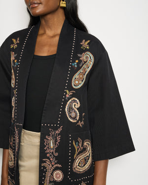 Christian Dior Black Cotton Long-Sleeve Jacket with Paisley Print Embroidery and Pocket Details Size FR 38 (UK 10)
