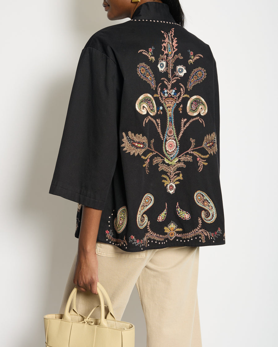 Christian Dior Black Cotton Long-Sleeve Jacket with Paisley Print Embroidery and Pocket Details Size FR 38 (UK 10)