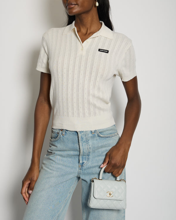 Miu Miu White Cashmere and Silk Polo Short Sleeve Sweater with Logo Size UK 8 RRP £1,660