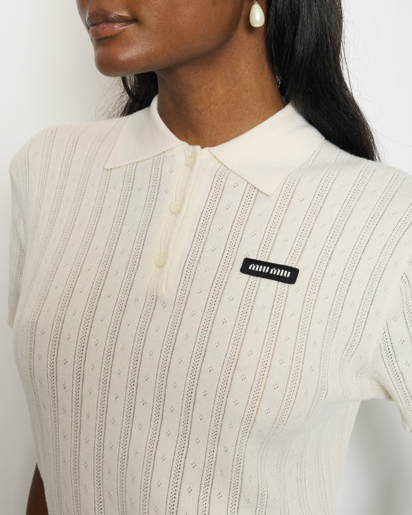 Miu Miu White Cashmere and Silk Polo Short Sleeve Sweater with Logo Size UK 8 RRP £1,660