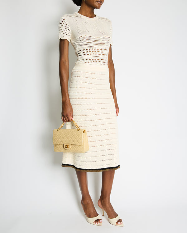 Fendi Cream Crochet Midi Skirt with Black and Brown Trim Detail Size IT 42 (UK 10)