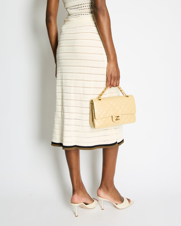 Fendi Cream Crochet Midi Skirt with Black and Brown Trim Detail Size IT 42 (UK 10)