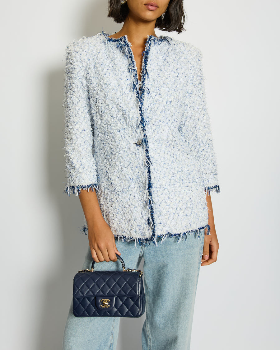 Chanel SS18 White and Blue Fantasy Tweed Jacket with Silver CC Logo Button Detail Size FR 38 (UK 10) RRP £5,100