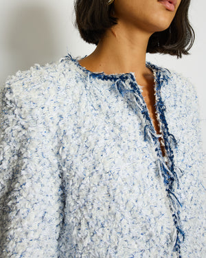 Chanel SS18 White and Blue Fantasy Tweed Jacket with Silver CC Logo Button Detail Size FR 38 (UK 10) RRP £5,100