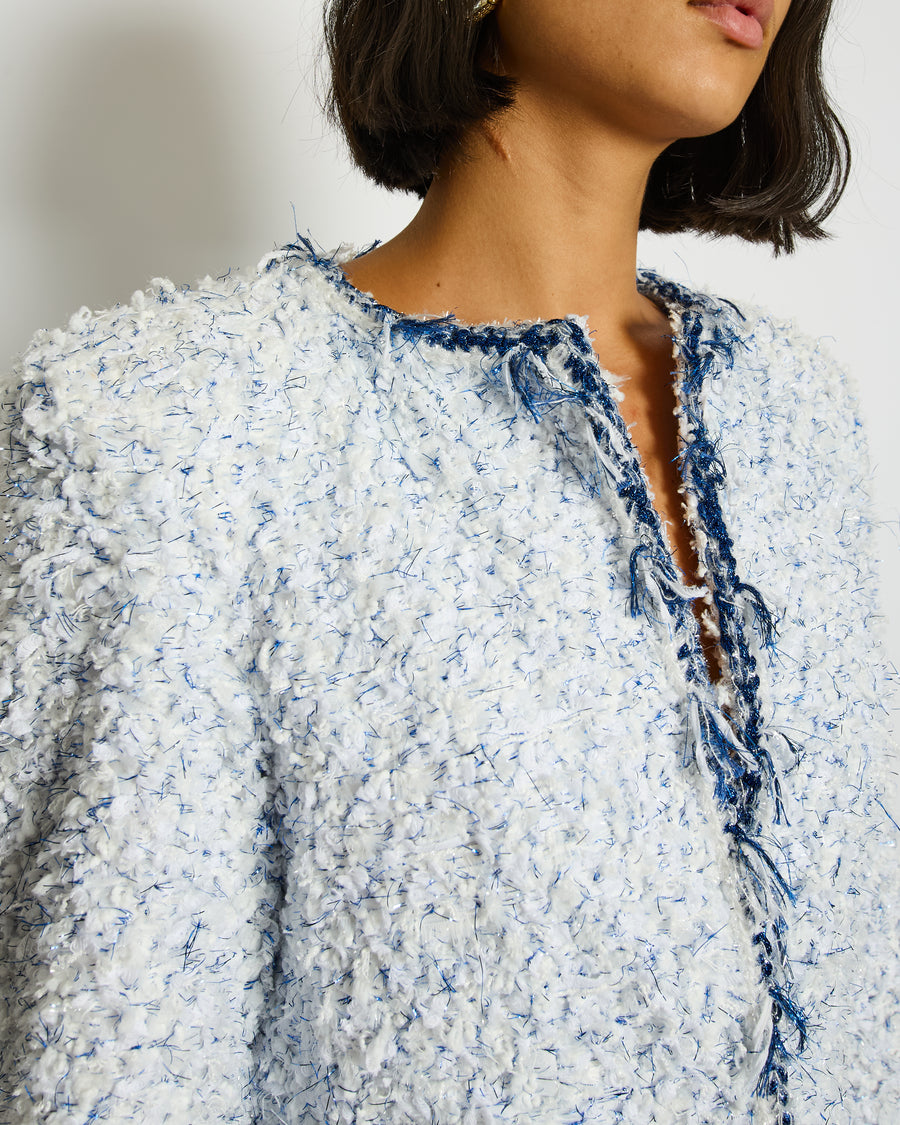 Chanel SS18 White and Blue Fantasy Tweed Jacket with Silver CC Logo Button Detail Size FR 38 (UK 10) RRP £5,100