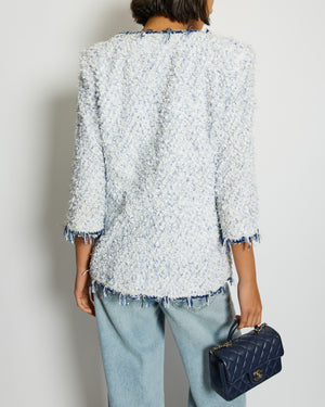 Chanel SS18 White and Blue Fantasy Tweed Jacket with Silver CC Logo Button Detail Size FR 38 (UK 10) RRP £5,100